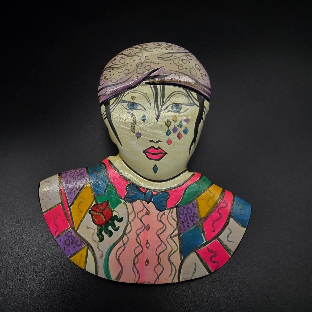 Harlequin Clown Gypsy Scarf Clip Slide Tie Ring Hand Painted Wood 1980s